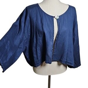 Vintage Linen Navy Blue Cropped One Button Jacket 3/4 Sleeves Size XL